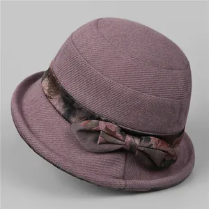 Women Vintage Floral Ribbon Cloche Hat Warm Foldable Bucket Hat For Autumn Winter Middle-Aged Mother Thermal Cap
