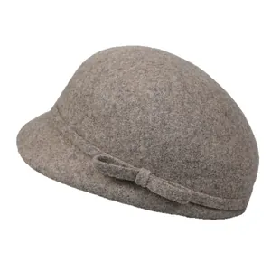 Elegant taupe wool felt equestrian hat for women with a vintage bow accent