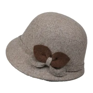 Elegante cappello a secchiello in feltro di lana da donna con fiocco marrone stile vintage