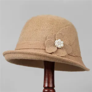 Women Elegant Rabbit Hair Blend Knit Bucket Hat Vintage Flower Pearl Rhinestone Warm Autumn Winter Cloche Hat For Mother
