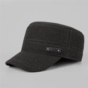 Men's Winter Warm Fleece Lined Flat Top Hat With Ear Flaps Wool Blend Cadet Cap For Elderly Dad Outdoor Windproof Hat