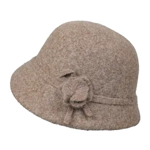 Elegant wool cloche hat for women featuring a handmade floral detail in coffee brown tone