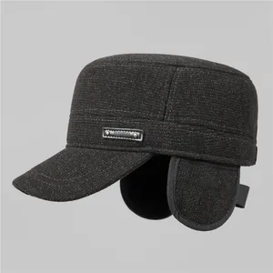 Men's winter flat top cap with foldable earflaps and warm fleece lining in dark grey