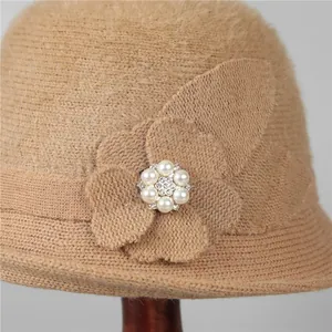 Elegant camel knitted bucket hat for elderly women with floral and pearl accents
