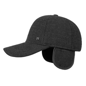 Deep grey winter wool baseball cap for elderly men with ear flaps and metal N logo