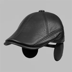 Men's winter black leather flat cap with warm ear flaps and pebbled texture