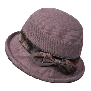 Elegant bean paste purple wool cloche hat for women with floral ribbon and bow decoration