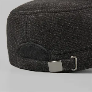 Men's winter thick flat cap in charcoal grey wool fabric with adjustable metal buckle
