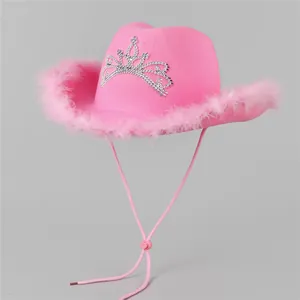 Women Western Cowboy Hat With Feather Trim And Rhinestone Crown Decorative Felt Cowgirl Hat For Party Performance Celebration