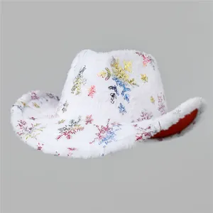 Christmas Snowflake Plush Cowboy Hat Western Style Holiday Party Costume Hat For Women Men Xmas Festive Warm Dress Up Cap
