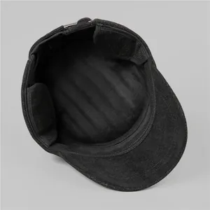 Winter flat top wool cap for men with warm fleece lining and foldable ear flaps in black