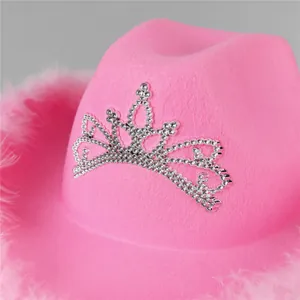 Close-up of pink western cowboy hat with sequin tiara and fluffy feather brim decoration