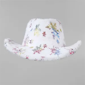 White plush Christmas cowboy hat with colorful metallic snowflake patterns for holiday parties