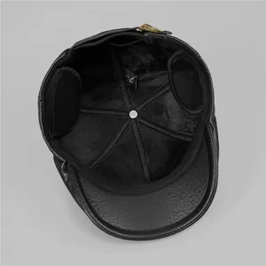 Winter faux leather flat cap for men with warm plush lining and foldable ear flaps
