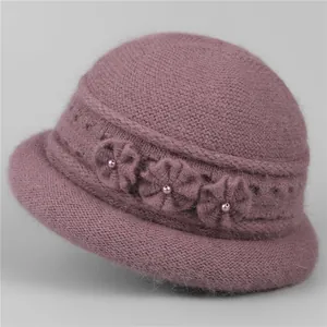 Women's Winter Rabbit Hair Blend Knitted Hat Thick Fleece Lined Warm Bucket Hat With Flower Pearl Elegant Beanie For Elderly Mother