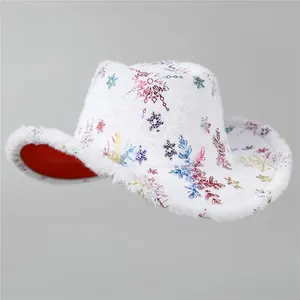 Close-up of white plush Christmas cowboy hat with colorful metallic snowflake patterns