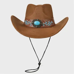 Cappello da cowboy marrone in scamosciato con pietra turchese e ricamo floreale su bianco