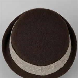 Elegant coffee brown wool felt bowler hat for women with grey accent band and round crown