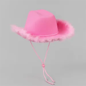 Stylish pink western cowboy hat featuring feather trim and adjustable chin strap