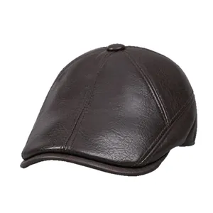 Deep brown vintage leather newsboy hat with warm ear protection for men in winter