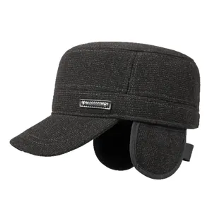 Men's winter flat top warm cap in dark grey with ear flaps and wool texture