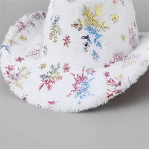 Macro detail of white faux fur Christmas cowboy hat with colorful metallic snowflakes