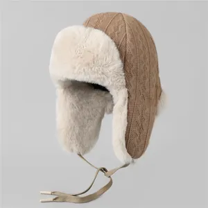 Chapeau Trappeur en Tricot d'Hiver pour Femme Doublé de Fausse Fourrure Chapeau à Rabat Chaud Coupe-Vent pour Ski en Plein Air