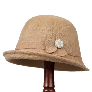 Elegant khaki knitted bucket hat for elderly women with pearl flower accents and soft wool texture