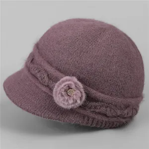 Warm Knit Beanie Hat For Elderly Women Fleece Lined Thick Rabbit Hair Blend Winter Hat With Flower Rhinestone Elastic