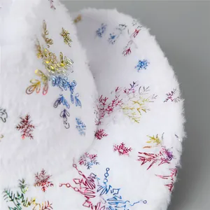 White plush Christmas hat with colorful laser snowflake patterns for holiday parties