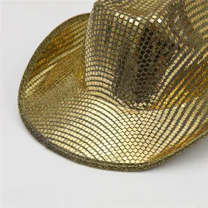 Close-up of golden disco cowboy hat featuring reflective square mirror sequins and woven brim