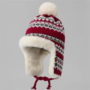 Chapka en Tricot d'Hiver pour Femmes avec Cache-oreilles Doublure en Fausse Fourrure Chaud Coupe-vent Jacquard Nordique Pompon