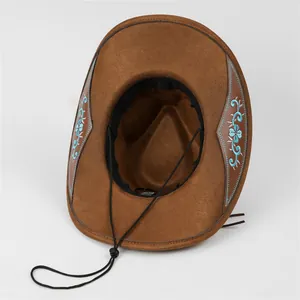 Cappello da cowboy marrone con ricamo floreale blu e cinturino regolabile