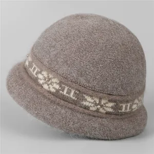 Women Winter Rabbit Hair Blend Knitted Bucket Hat Warm Fleece Lined Cloche Hat Pearl Jacquard Decor For Elderly Mothers