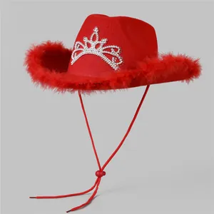 Detail of red cowboy hat with silver rhinestone crown and fluffy feather brim