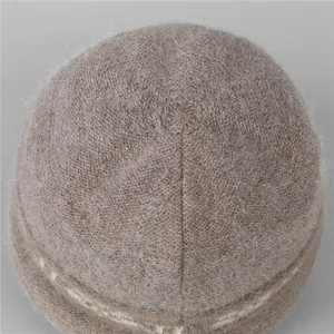 Taupe winter knit hat for elderly women with premium rabbit fur texture and warm fleece lining