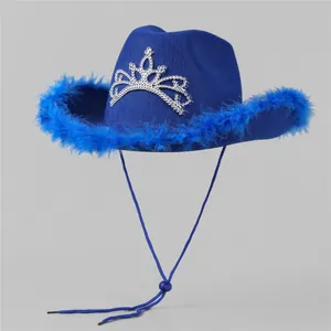 Detail of blue western cowboy hat with silver tiara crown and fluffy feather trim
