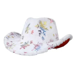 White plush cowboy hat featuring colorful sequin snowflake patterns for Christmas parties