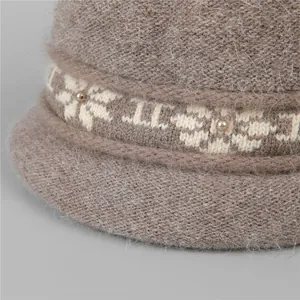 Winter fleece-lined rabbit fur knit hat for elderly women with floral jacquard pattern