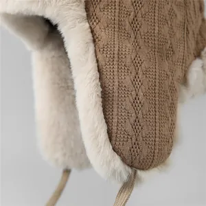 Chapeau trappeur tricoté kaki pour femme avec doublure pelucheuse et protège-oreilles