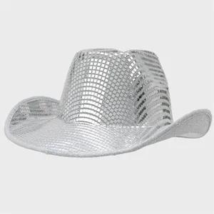 Close-up of a silver disco cowboy hat featuring mirror tiles and fine glitter details