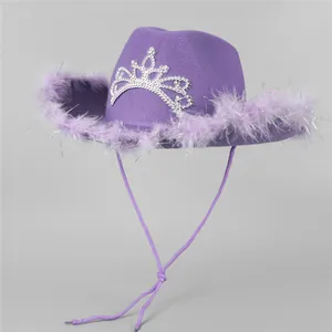 Detail of purple cowboy hat with feather trim and a sequined crown for party wear