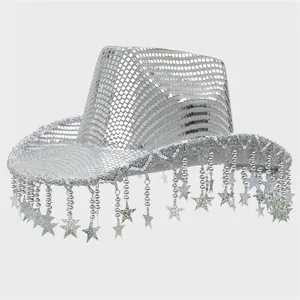 Detail of silver disco cowboy hat with mirror tiles and hanging star pendants