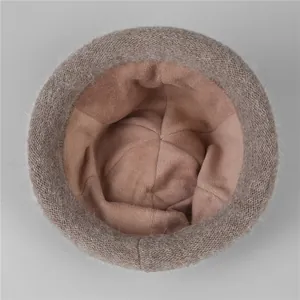 Winter knit bucket hat for women with warm plush lining in khaki rabbit fur blend