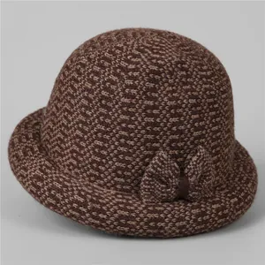 Women's Vintage Knitted Cloche Hat With Bowknot Thickened Warm Autumn Winter Bucket Hat For Elderly Grandma Elegant Dress Hat