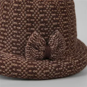Women's warm knit bucket hat with bow detail in brown mixed wool for elderly mothers
