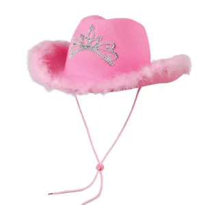 Pink western cowboy hat with sparkling crown tiara and fluffy feather trim