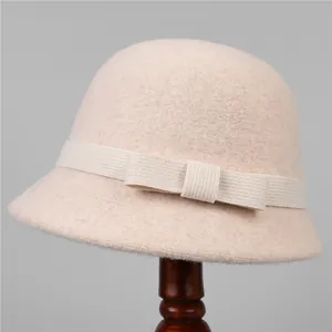 Vintage Elegant Wool Blend Cloche Hat For Women French Hepburn Style Winter Warm Bucket Hat With Bowknot Decoration