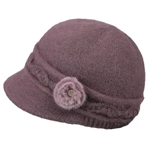 Women's winter knit beanie with warm fleece lining and heart charm detail in mauve purple