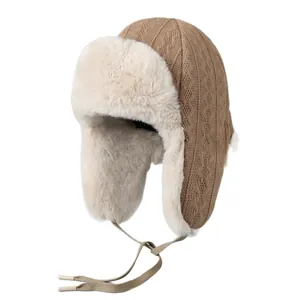 Chapeau de trappeur tricoté pour femme avec doublure en fausse fourrure et cache-oreilles